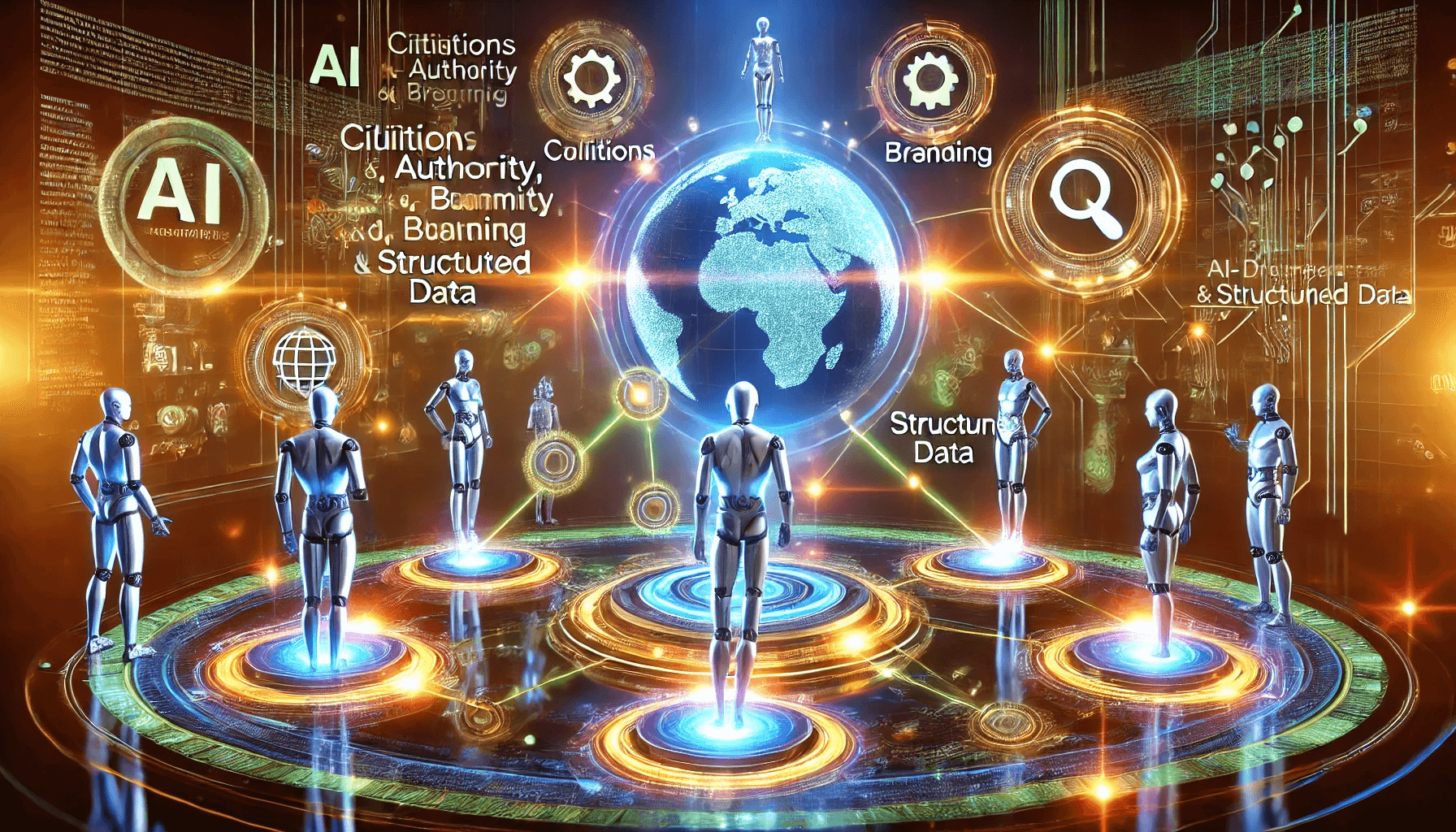 Futuristic AI-driven search interface with glowing nodes representing citations and data, centered around human collaboration. A digital globe in the background symbolizes global reach and advanced optimization.