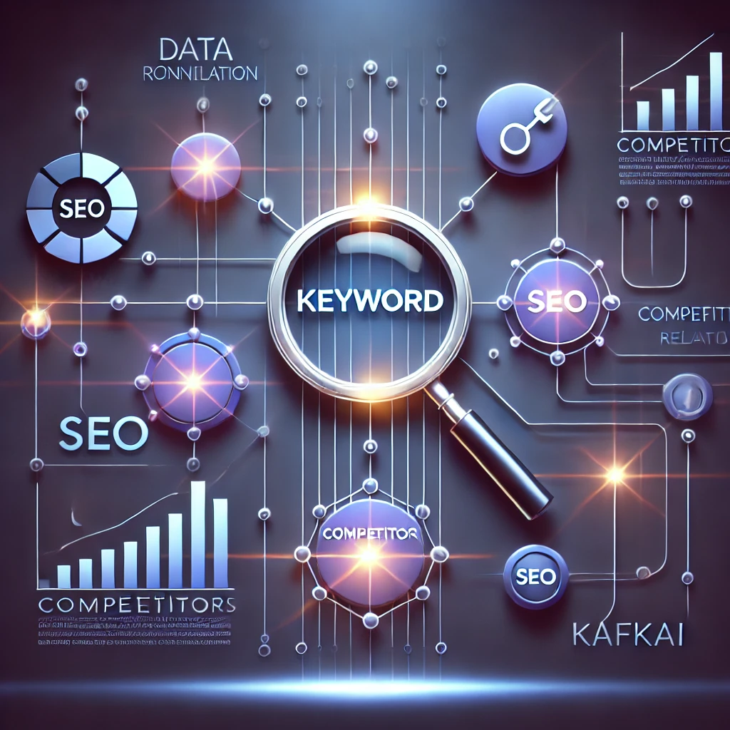 Visual representation of Kafkai’s Correlate strategy, showcasing interconnected keyword nodes, competitor data analysis, and SEO ranking insights.